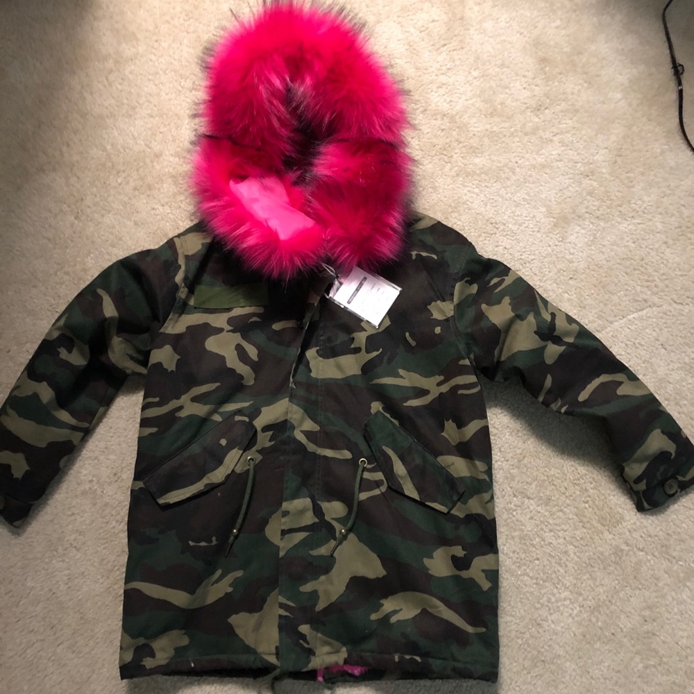Camouflage Faux Fur Drawstring Coat